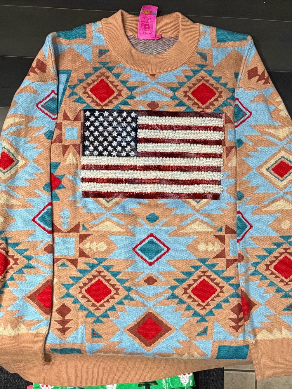 Queen of Sparkles American Flag Aztec Sweater NWOT
